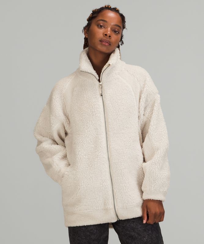 Long Textured Fleece Jacket, White Opal