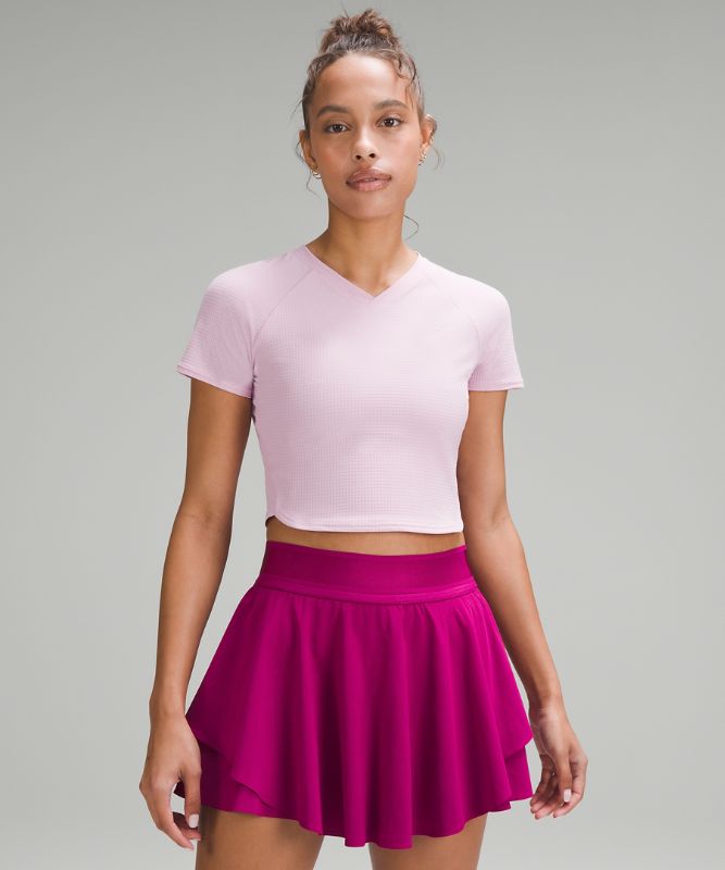 Grid-Texture Cropped Tennis Short-Sleeve Shirt