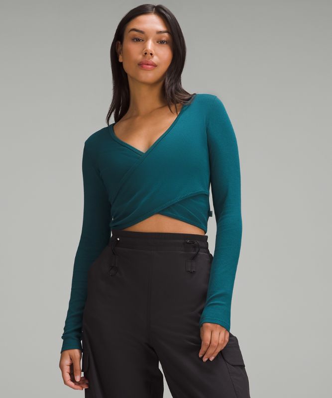 Wrap-Front Ribbed Long-Sleeve Top