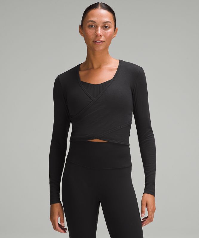 Wrap-Front Ribbed Long-Sleeve Top